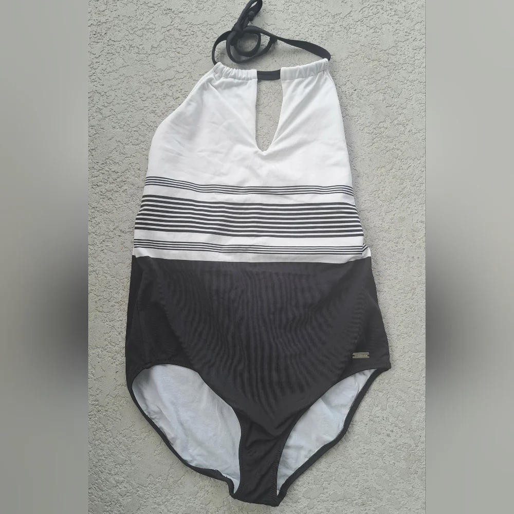Lascana Sleek Halter One-Piece Swimsuit in White and Black